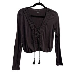 AE Fairy Whimsigoth Size S Long Sleeve Lace Up Crop Top Gray Indie Boho Grunge